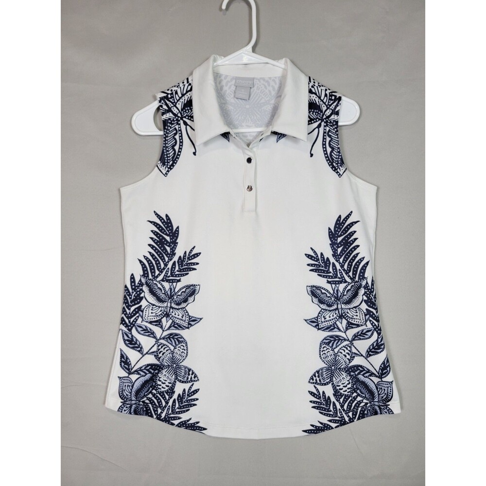 Chicos No Iron Sleeveless Sateen Stretch Shirt Sz 0 US 4/6 Small White Blue Tank